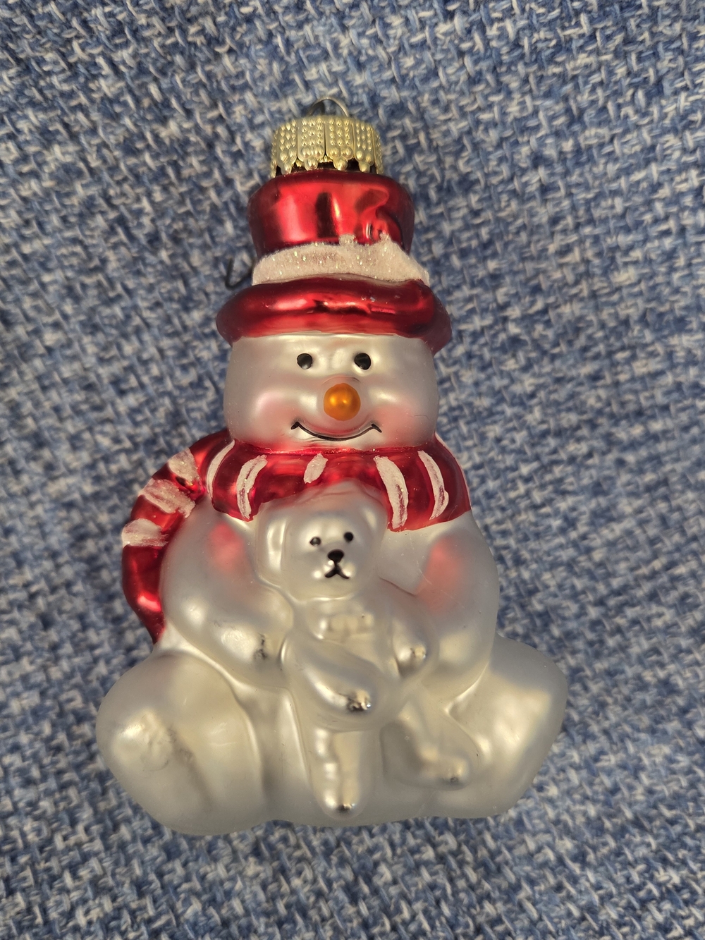 Vintage 3.5" Blown Glass Snowman Ornament with Red Hat Scarf & Teddy Bear